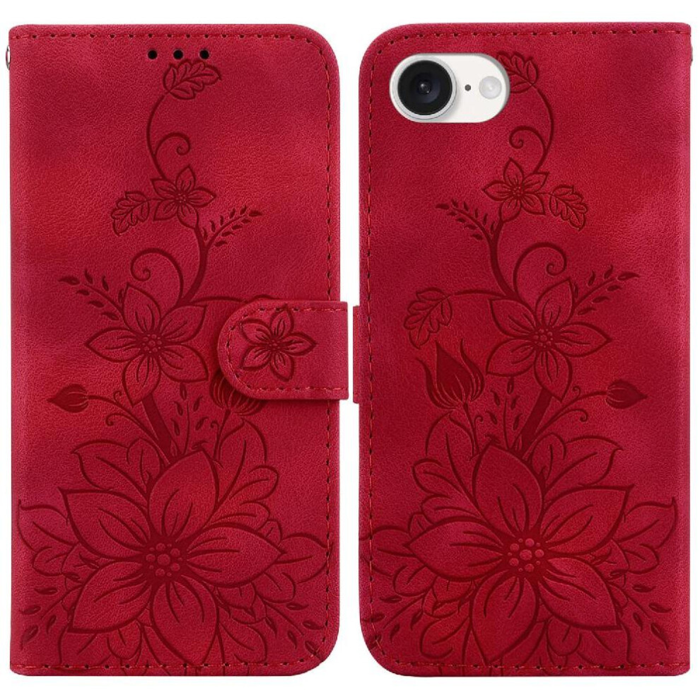 (Red) Flip Case For Iphone 16E Magnetic Card Holder Wallet Embossed Lily Kickstand Red 764549512522