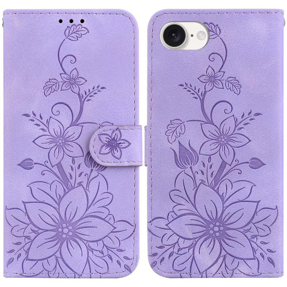 (Purple) Flip Case For Iphone 16E Magnetic Card Holder Wallet Embossed Lily Kickstand Purple 764549512515