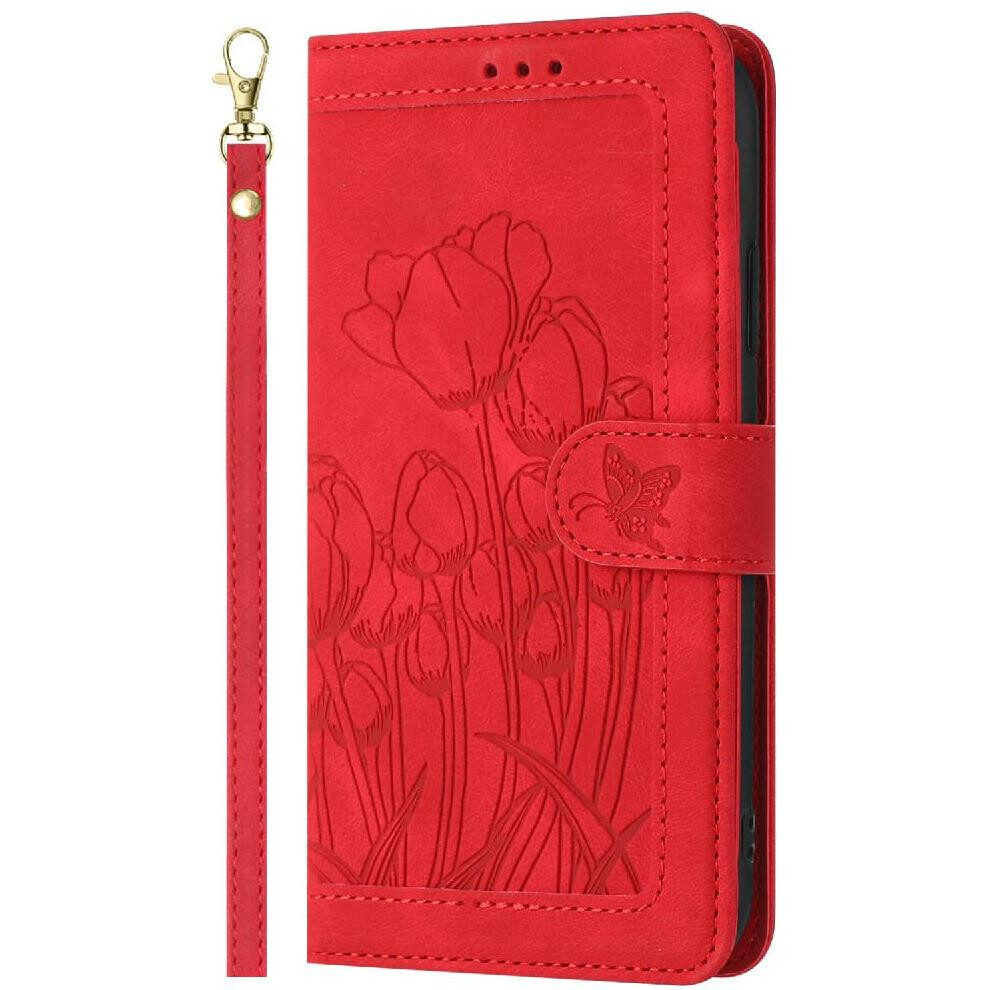 (Red) Wallet Case For Iphone 16E Magnetic Closure Tulip Embossed Flip Case Kickstand Wrist Strap Pu Leather Red 764549512799