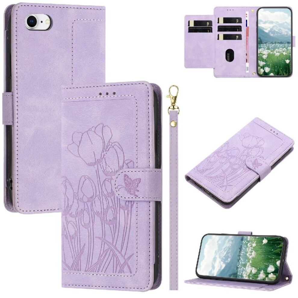 ( Violet) Wallet Case For Iphone 16E Magnetic Closure Tulip Embossed Flip Case Kickstand Wrist Strap Pu Leather Light 764549512782