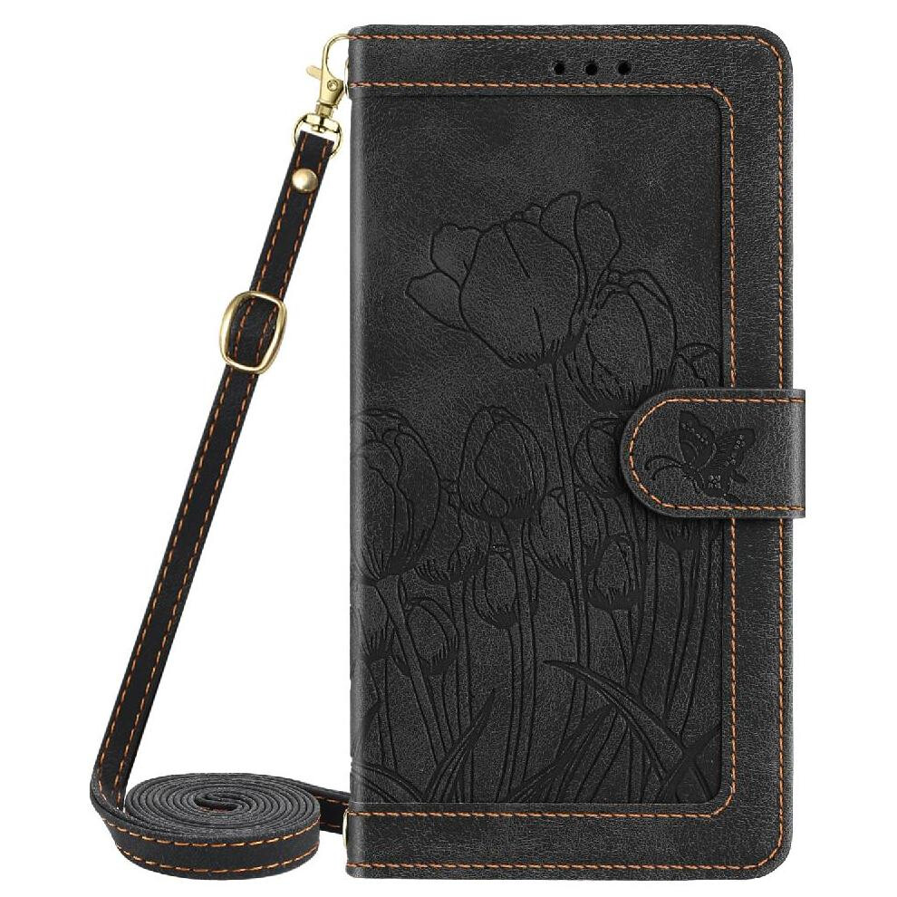 (Black) Fashion Wallet Case For Iphone 16E Pu Leather Tulip Embossed Flip Case Magnetic Closure Crossbody And Wrist Strap Kickstand Black 764549512874