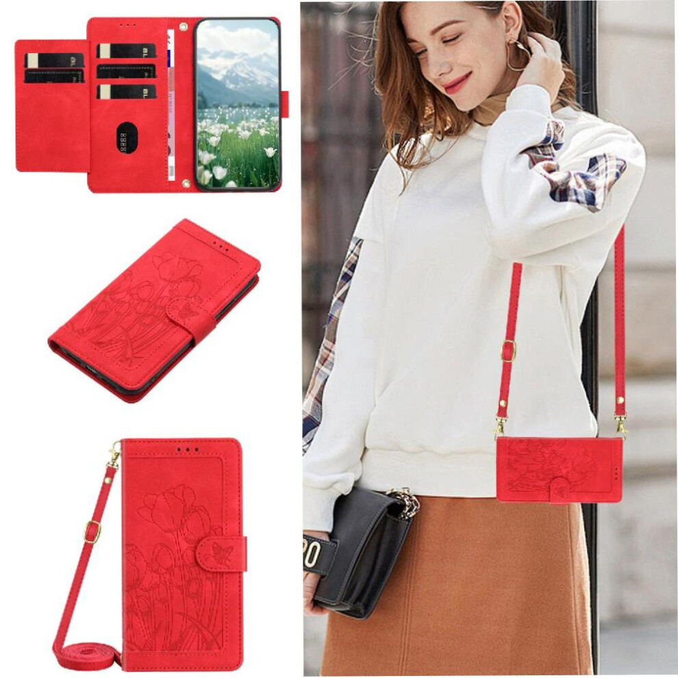(Red) Fashion Wallet Case For Iphone 16E Pu Leather Tulip Embossed Flip Case Magnetic Closure Crossbody And Wrist Strap Kickstand Red 764549512850