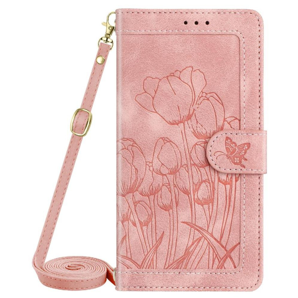 (Pink) Fashion Wallet Case For Iphone 16E Pu Leather Tulip Embossed Flip Case Magnetic Closure Crossbody And Wrist Strap Kickstand Pink 764549512829
