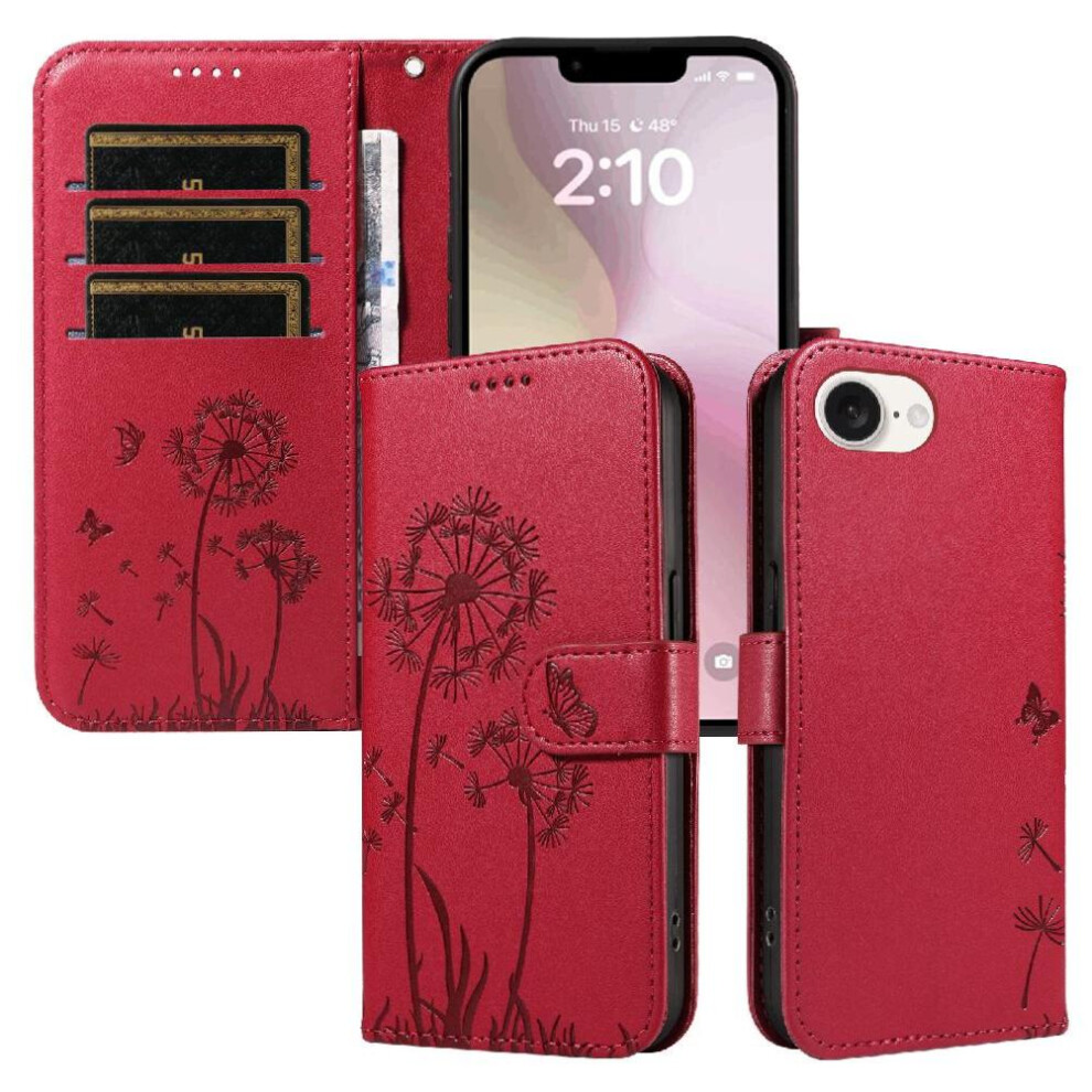 (Red) Compatible with iphone 16e Flip Case Dandelion Print Leather Phone Case with Card Slots and Wrist Strap Stylish and Protective