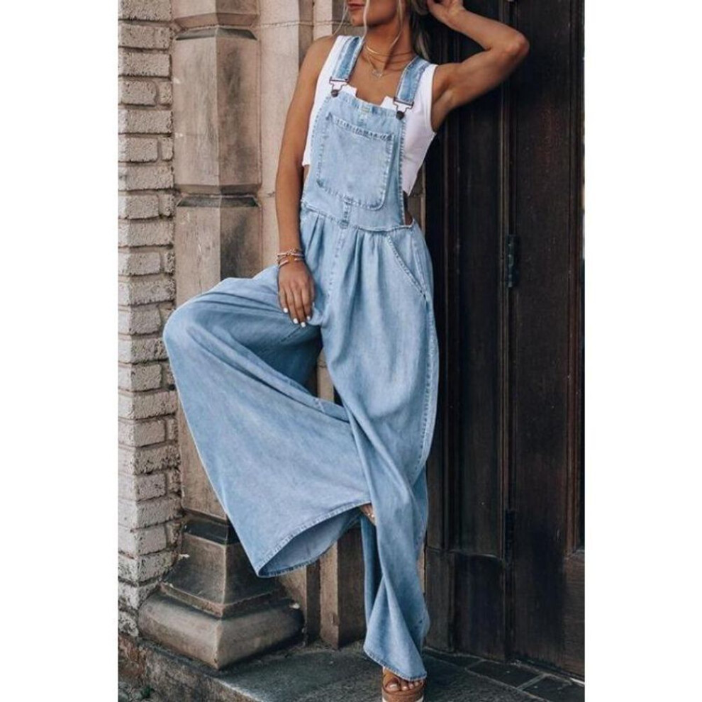 (XL, light blue) Loose Side Pocket Sleeveless Denim Jumpsuits, Casual Adjustable Shoulder Strap Denim Suspenders Trousers, Women&apos;s Denim Jeans & Clothing