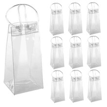 (As show, One size) Pack of 10 Wine Cooler Bag Ice Bag Transparent PVC Portable Wine Bottle Cooler Bag Champagne Ice Bag with Handle