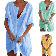 (2XL, White) Women's Beach Dress, Bikini Cover Up With Round Neckline, Button Placket