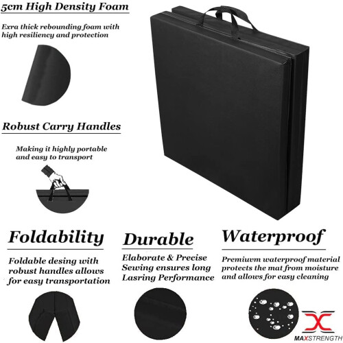 (Black) 6ft Tri Folding Gymnastics Exercise Mat 5cm Thick 2