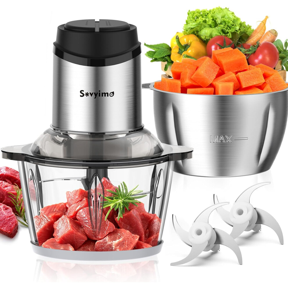 Food Processor with 2 Bowls (2L+2L), Mini Chopper Electric Food Chopper, 2 Bi-Level Blades Mini Food Processors Meat Grinder for Kitchen Meat