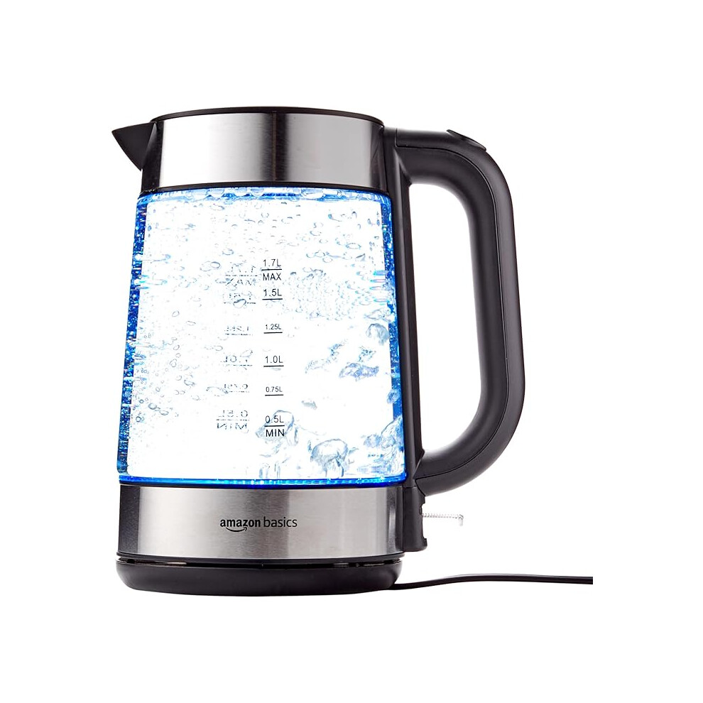 Amazon Basics Electric Glass Kettle, 1.7 Litres, Black, Silver