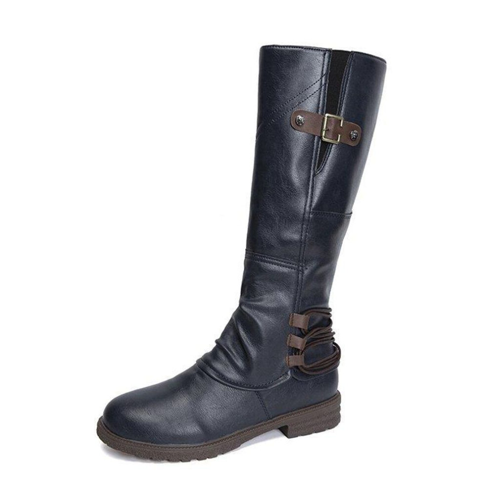 (blue, 41) Women&apos;s Mid Calf Dress Boots Round Toe Biker Motorcycle Riding Boots For Women Fall Fashion Low Chunky Block Heel Wide Calf Booties With Side Zip
