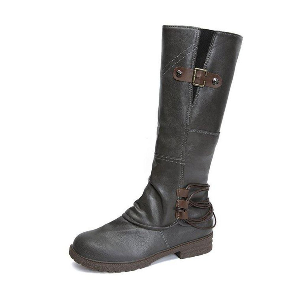 (gray, 41) Women&apos;s Mid Calf Dress Boots Round Toe Biker Motorcycle Riding Boots For Women Fall Fashion Low Chunky Block Heel Wide Calf Booties With Side Zip