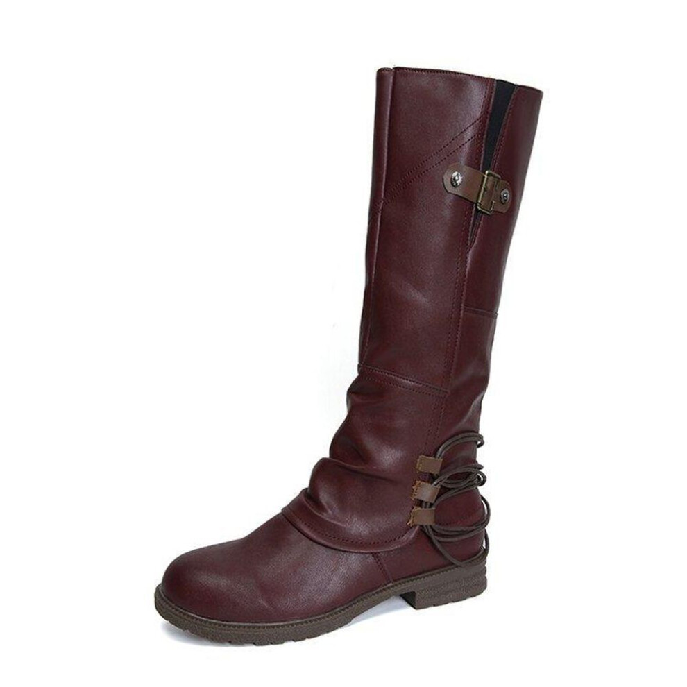 (red, 36) Women&apos;s Mid Calf Dress Boots Round Toe Biker Motorcycle Riding Boots For Women Fall Fashion Low Chunky Block Heel Wide Calf Booties With Side Zip