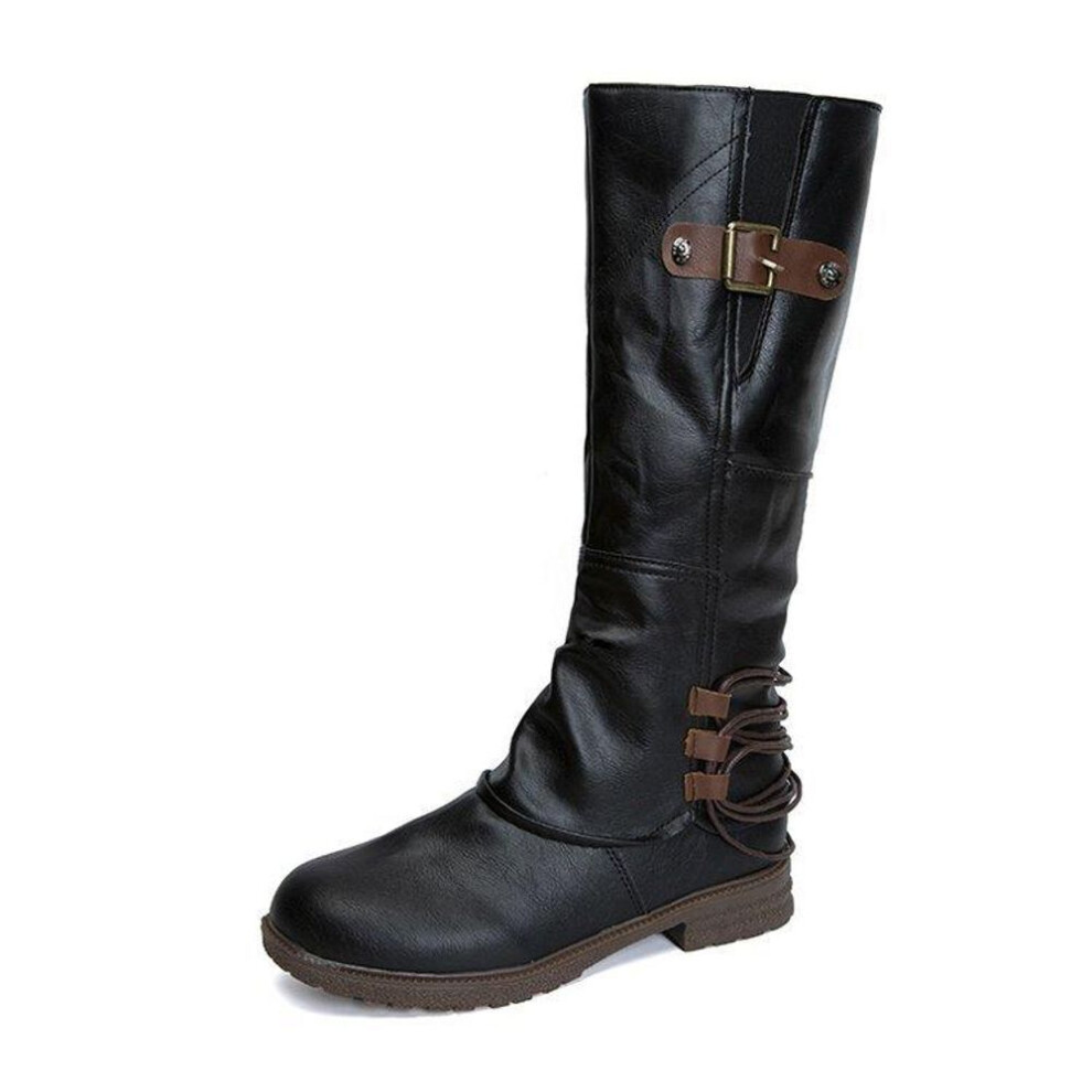 (black, 35) Women&apos;s Mid Calf Dress Boots Round Toe Biker Motorcycle Riding Boots For Women Fall Fashion Low Chunky Block Heel Wide Calf Booties With Side Zip