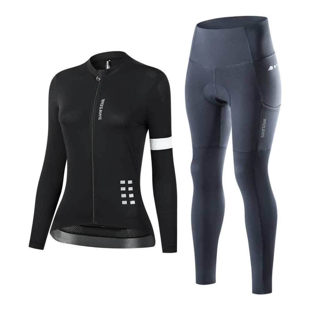 (grey, L) Wosawe Women&apos;s Cycling Jersey Long Sleeve Pro Bike Team Racing Padded Pants Sets Speed Suit Road Bicycle Ladies Breathable Tights Sportswear 4d P