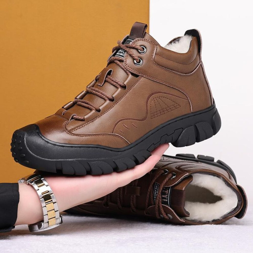 (brown, 42) Men&apos;s Winter Fur Lined Leather Snow Boots Outdoor Anti-slip Sports Ankle Boots Thickened Hiking High Top Shoes For Men Outdoor Fleece Lined Booti