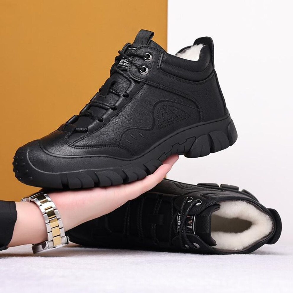 (black, 41) Men's Winter Fur Lined Leather Snow Boots Outdoor Anti-slip Sports Ankle Boots Thickened Hiking High Top Shoes for Men Outdoor Fleece Lined Booties