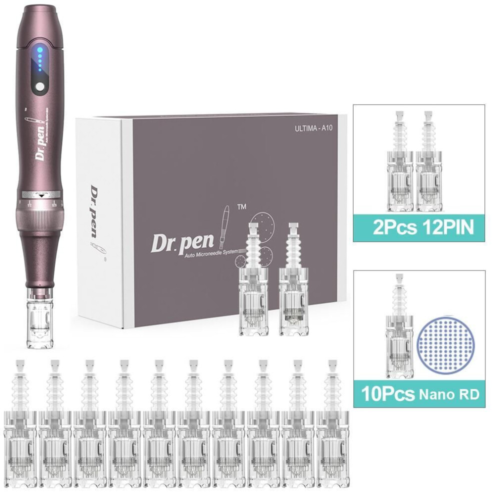 (A10+10Pcs Nano RD) Dr.pen A10 Wireless Micro Needle Pen With 12pcs Cartidges Derma Rollers Scar Acne Removal Microneedling Needles Mesotherapy Skin Care Salon Device