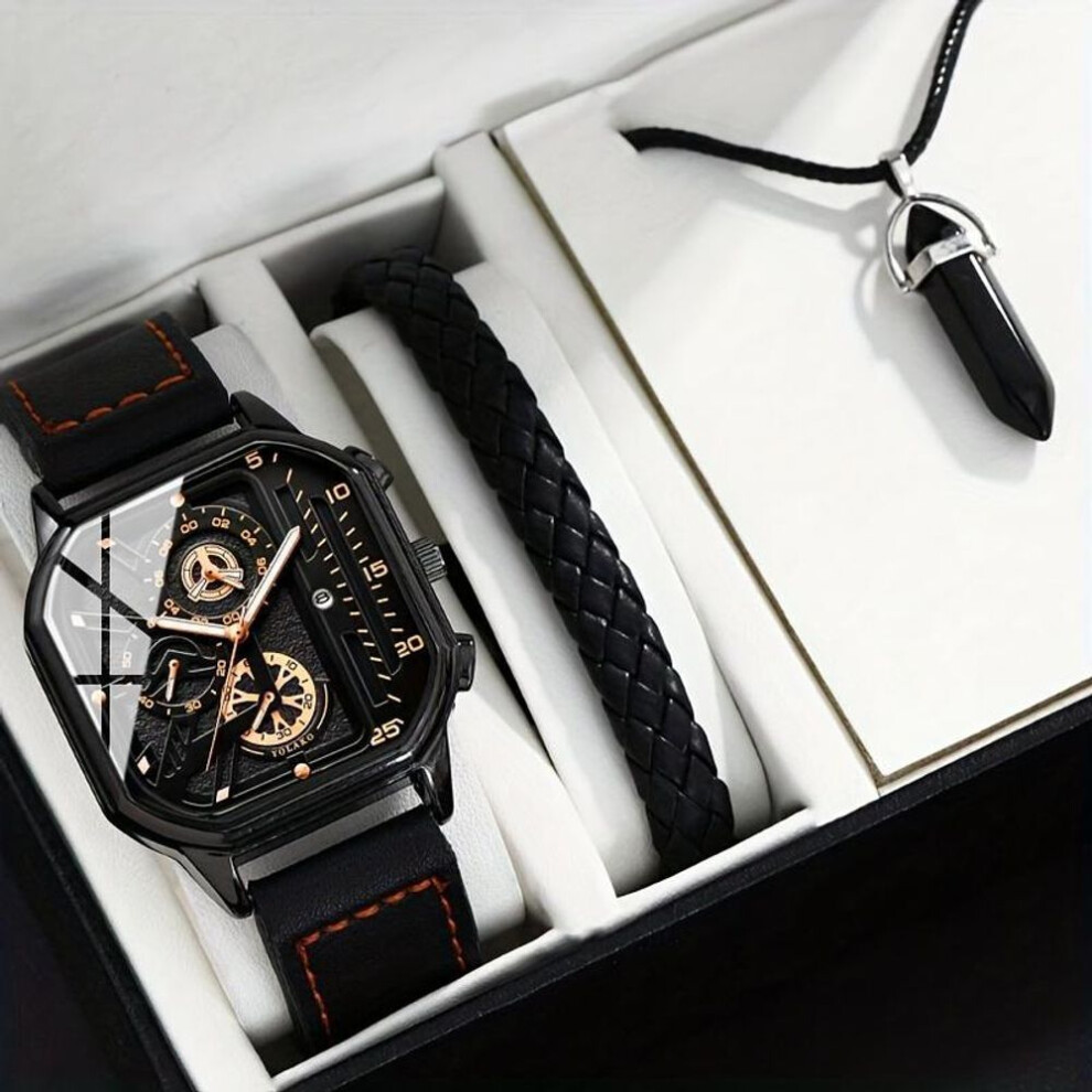 (as the picture) 3pcs/set, Men&apos;s Watch, 1pc Fashion Men&apos;s Business Pu Leather Square Quartz Wrist Watch & 1pc Casual Bracelet & 1pc Classic Necklace