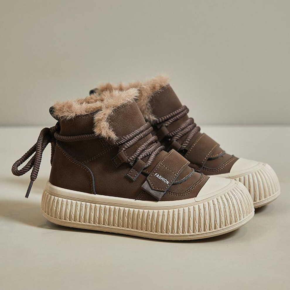(brown, 37) Women's High-Top Sneakers Outdoor Slip-On Faux Fur Lined Snow Boots Casual Lace Up Ankle Booties Winter Warm Shoes Plush Lined Short Boots for Female