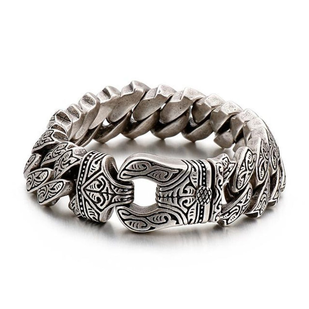 (slate gray, 23cm) Mens Vintage Silver Stainless Steel Heavy  Cuban Link Chain Bracelet 20mm Width