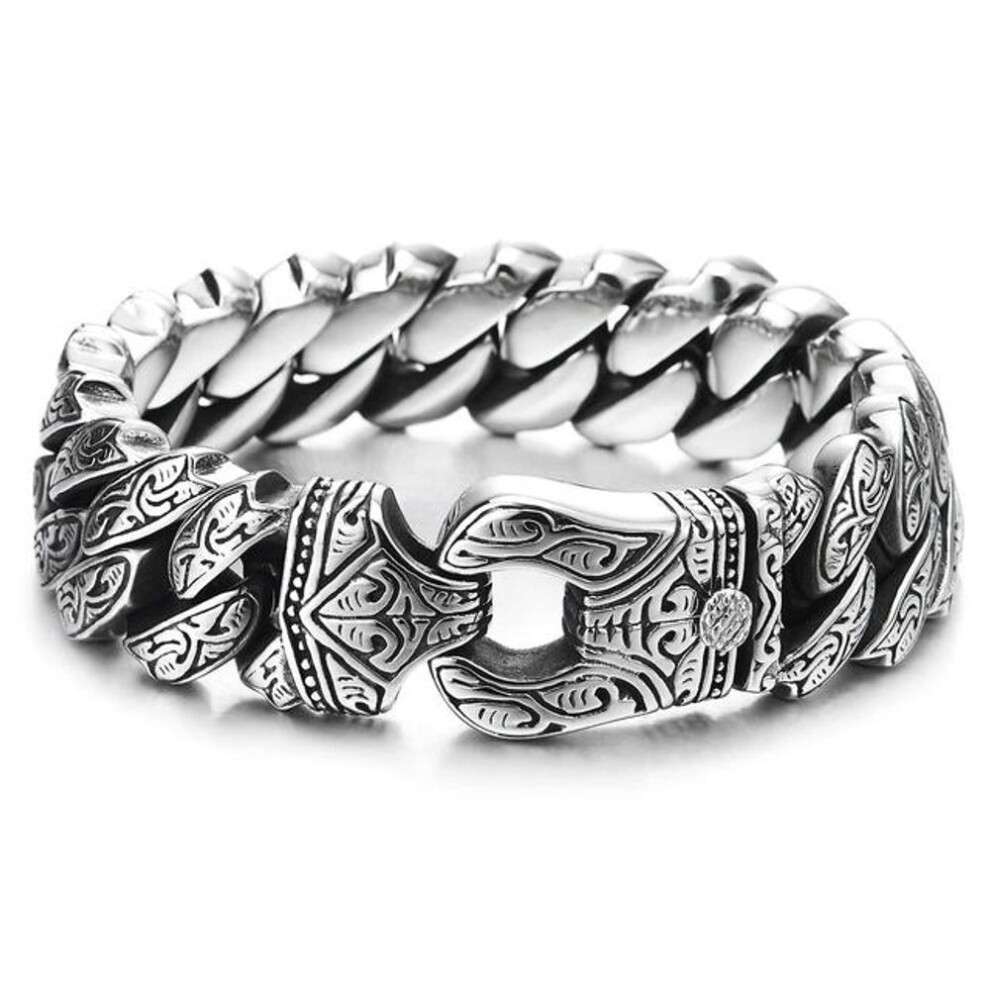 (silver, 23cm) Mens Vintage Silver Stainless Steel Heavy  Cuban Link Chain Bracelet 20mm Width
