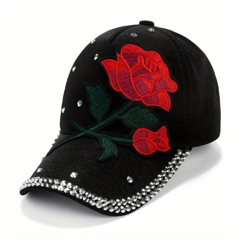 (black) Red Rose Patch Baseball Cap Rhinestone Decor Y2k Sports Hat Lightweight Adjustable Dad Hats