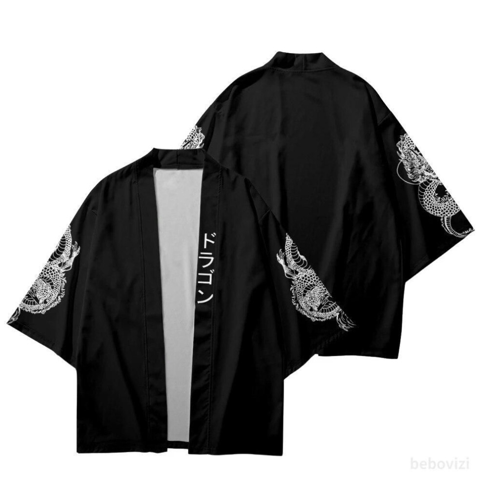 (as the picture, XXXXL) Sleeves Dragon Print Black Kimono Loose Japanese Streetwear Cardigan Women Men Harajuku Haori Cosplay Top Shirts