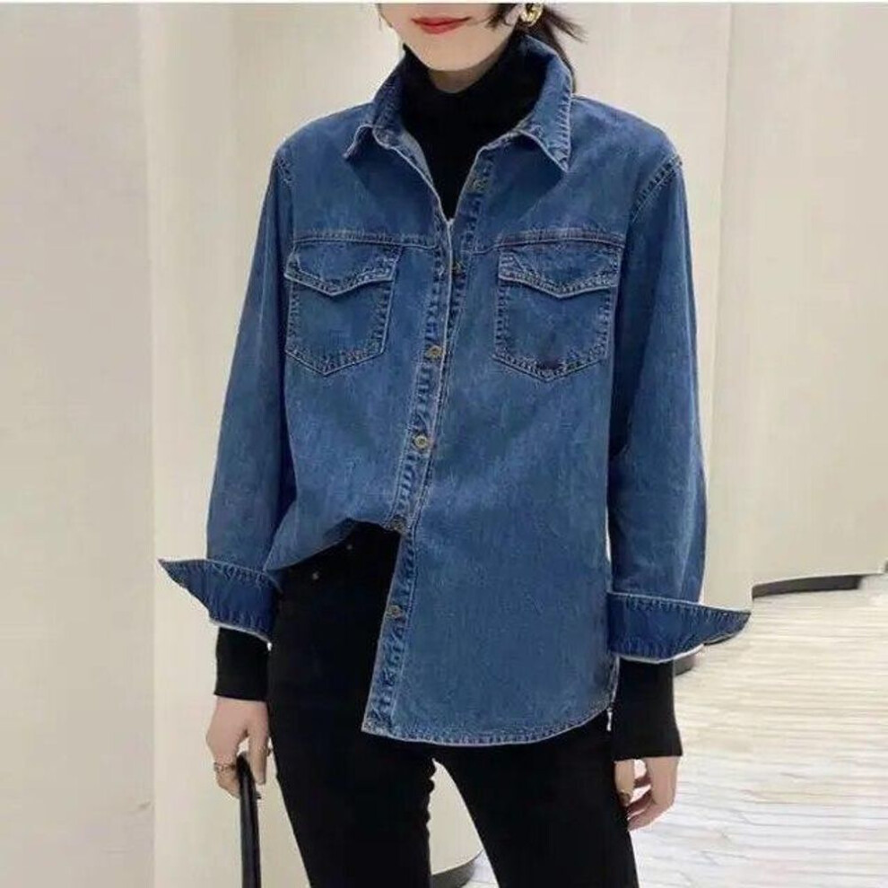 (blue, L) Denim Shirt Women Spring Autumn Single Breasted Tops Retro Long Sleeve Casual Fashion Shirt