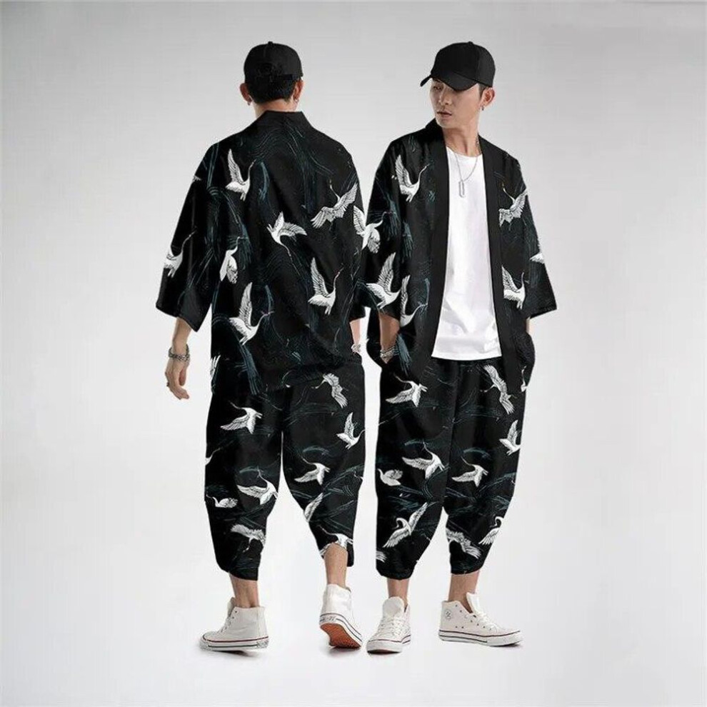 (as the picture, XXXL) Men Cosplay Yukata Tops Pants Chinese Style Japanese Street Samurai Harajuku Kimono Suit Cardigan