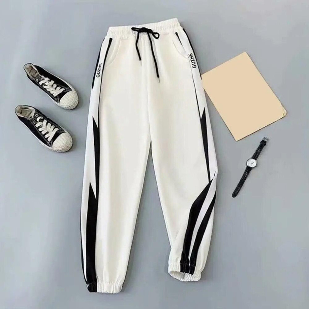 (white, M) Korean Style Contrast Color Drawstring Sports Pants For Men Loose Trousers Autumn Jogger Pants Male Streetwear