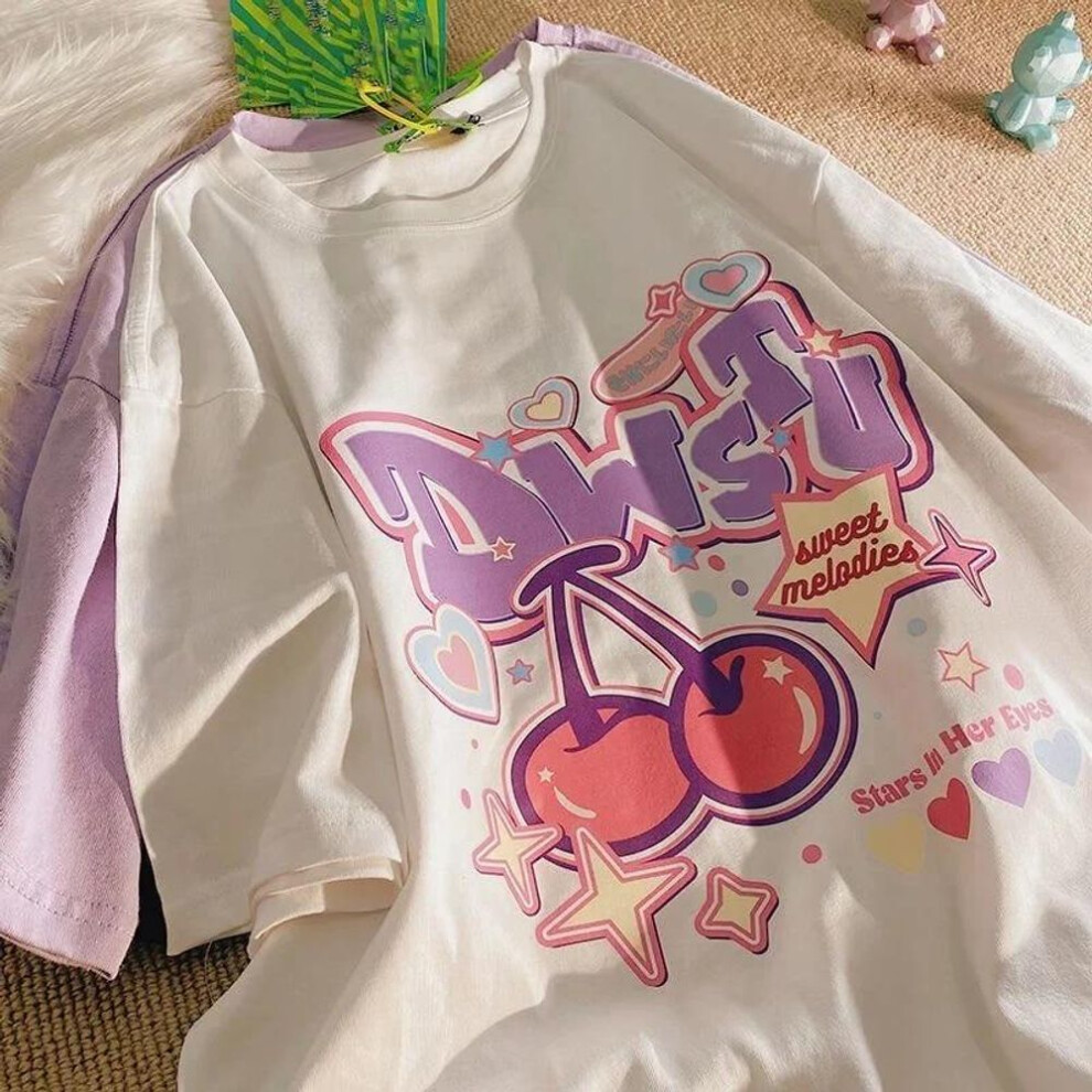 (white, M) Women T Shirt Fruit Print Harajuku Tshirt Kawaii Loose Short Sleeve Cute Oversized Tee Clothes Y2k Top Anime Graphic T-shirt