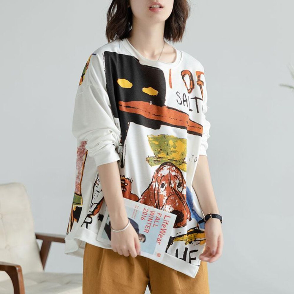 (One Size, white) Dimanaf 2023 New Plus Size Women Hoodies & Sweatshirts Full Sleeve Loose White Cartoon Print Casual O-neck Autumn Basic Tops 2023 T-shirt New Pull