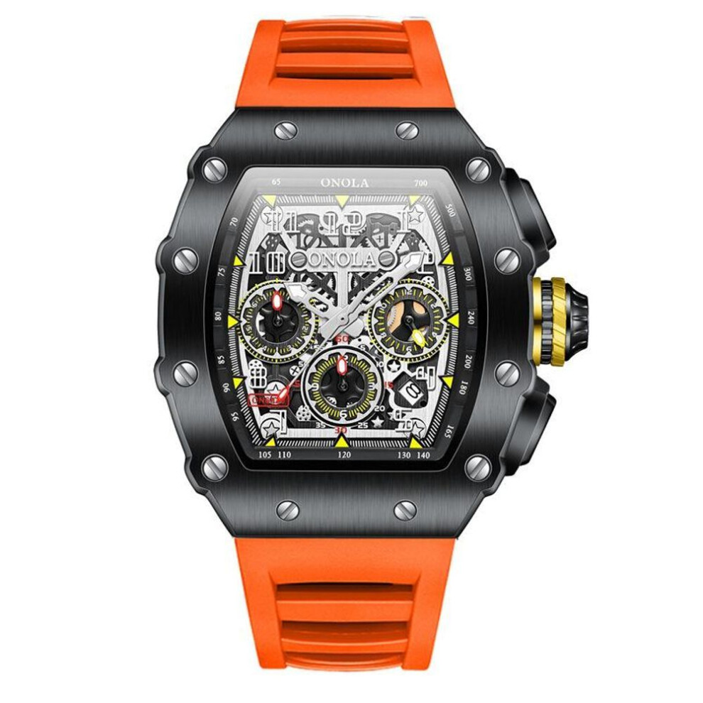 (orange) High Quality Multifunctional Military Sport Waterproof Men&apos;s Watch Silicone Strap Quartz Men&apos;s Watch Top Brand Luxury Chronograph Watch Cloc