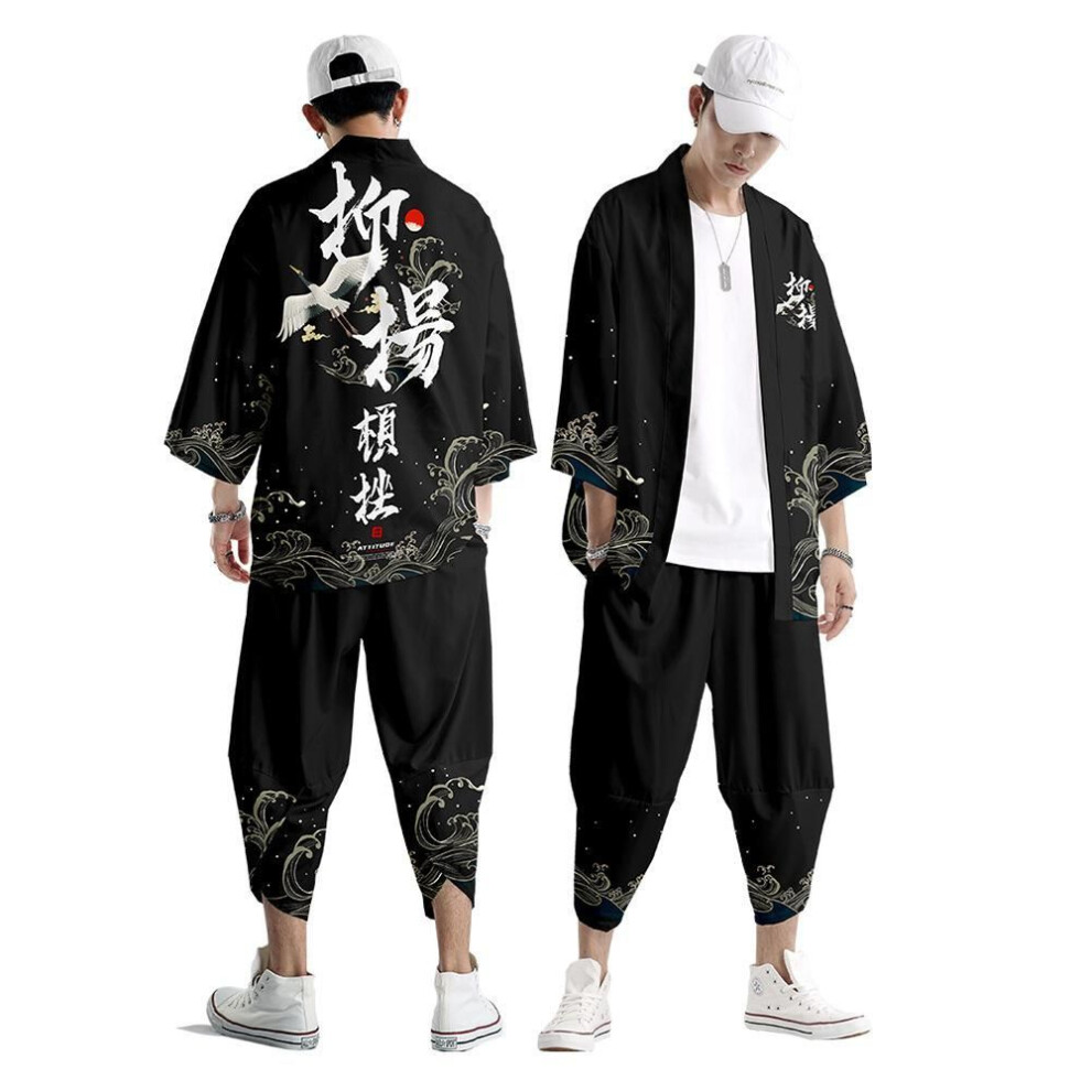 (as the picture, XXL) Men Cosplay Yukata Tops Pants Chinese Style Japanese Street Samurai Harajuku Kimono Suit Cardigan