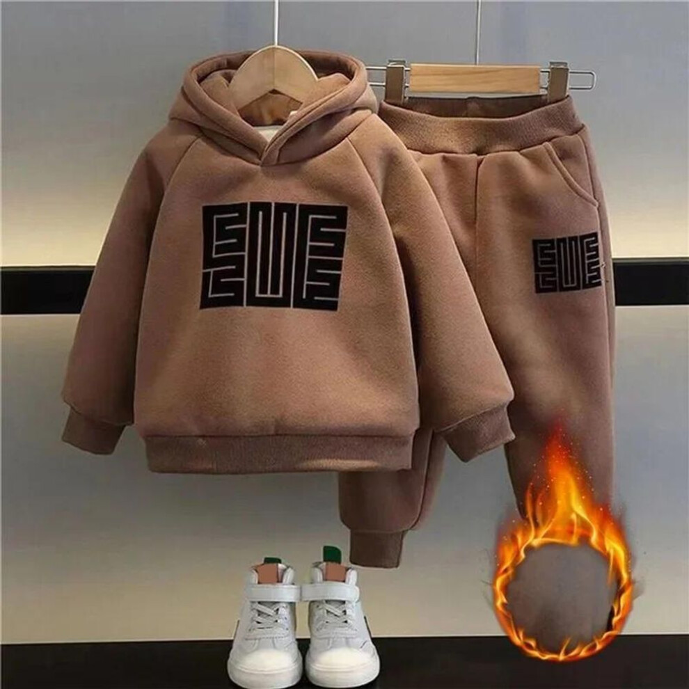 (brown, 120cm) Autumn Winter Boys Cotton Sweatshirts Sports Casual Clothes Suit Children Plus Velvet Warm Pullover Tops And Pants Two-piece Set