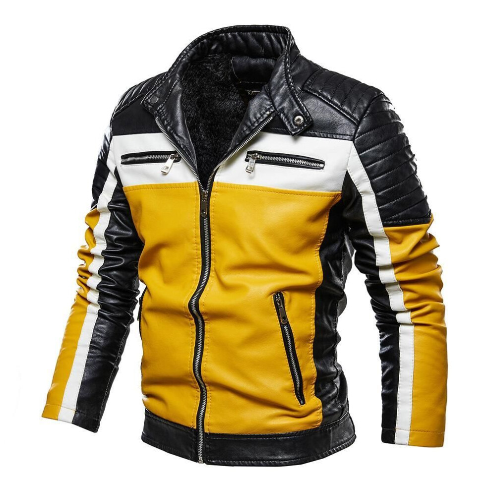 (yellow, M) Men&apos;s Plush Leather Jacket Men&apos;s Trendy Motor Leather Jacket Outwear Men Winter Fashion Casual Biker Pu Jacket Coat Man Slim Leather Bomber