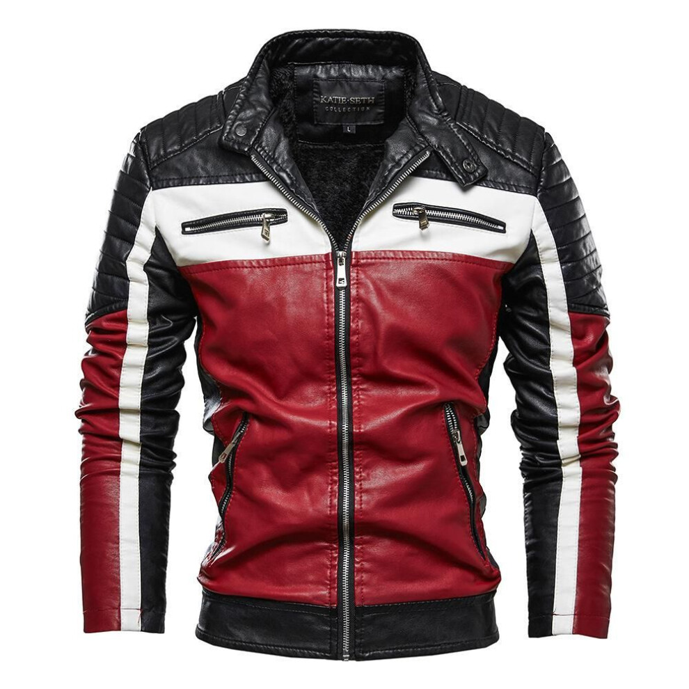 (red, M) Men&apos;s Plush Leather Jacket Men&apos;s Trendy Motor Leather Jacket Outwear Men Winter Fashion Casual Biker Pu Jacket Coat Man Slim Leather Bomber
