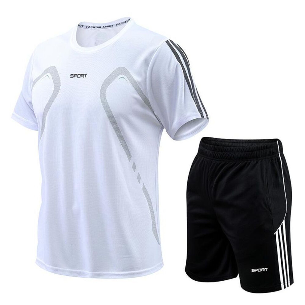 (white, L) Sports Set Men&apos;s Running And Fitness Clothing Equipment Short Sleeved Summer Round Neck Quick Drying Clothes Basketball Training Set Two-piece Se