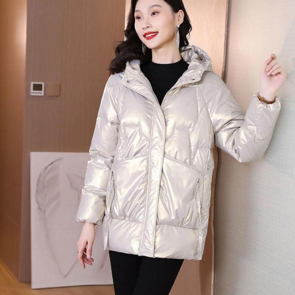 (beige, XXL) Autumn and Winter Women&apos;s Bright Hooded Large Pockets Loose Windproof Thickened Short Women&apos;s Jacket 4 Colors