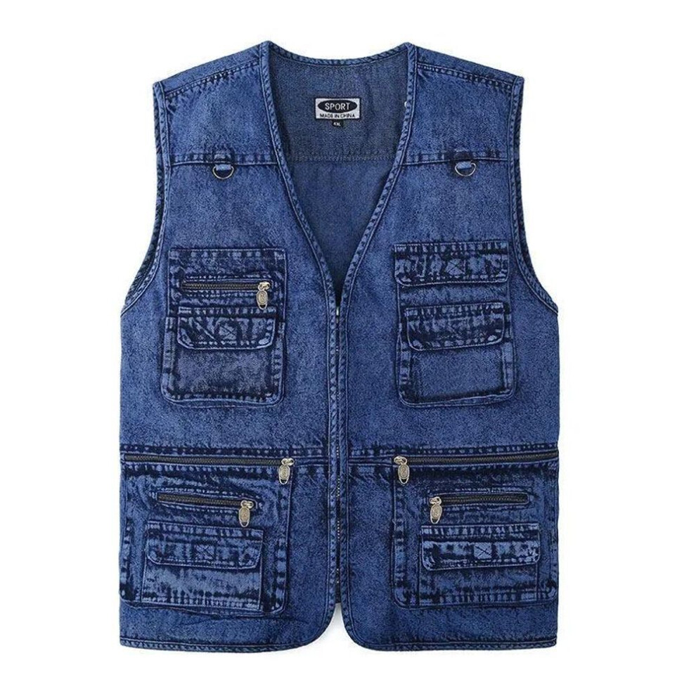 (blue, 4XL) Xl-5xl Outdoor Plus Size Men&apos;s Denim Jacket Oversized Male Casual Coat Many Pocket Sleeveless Waistcoat Spring Autumn Portable Loose Vest Clothin