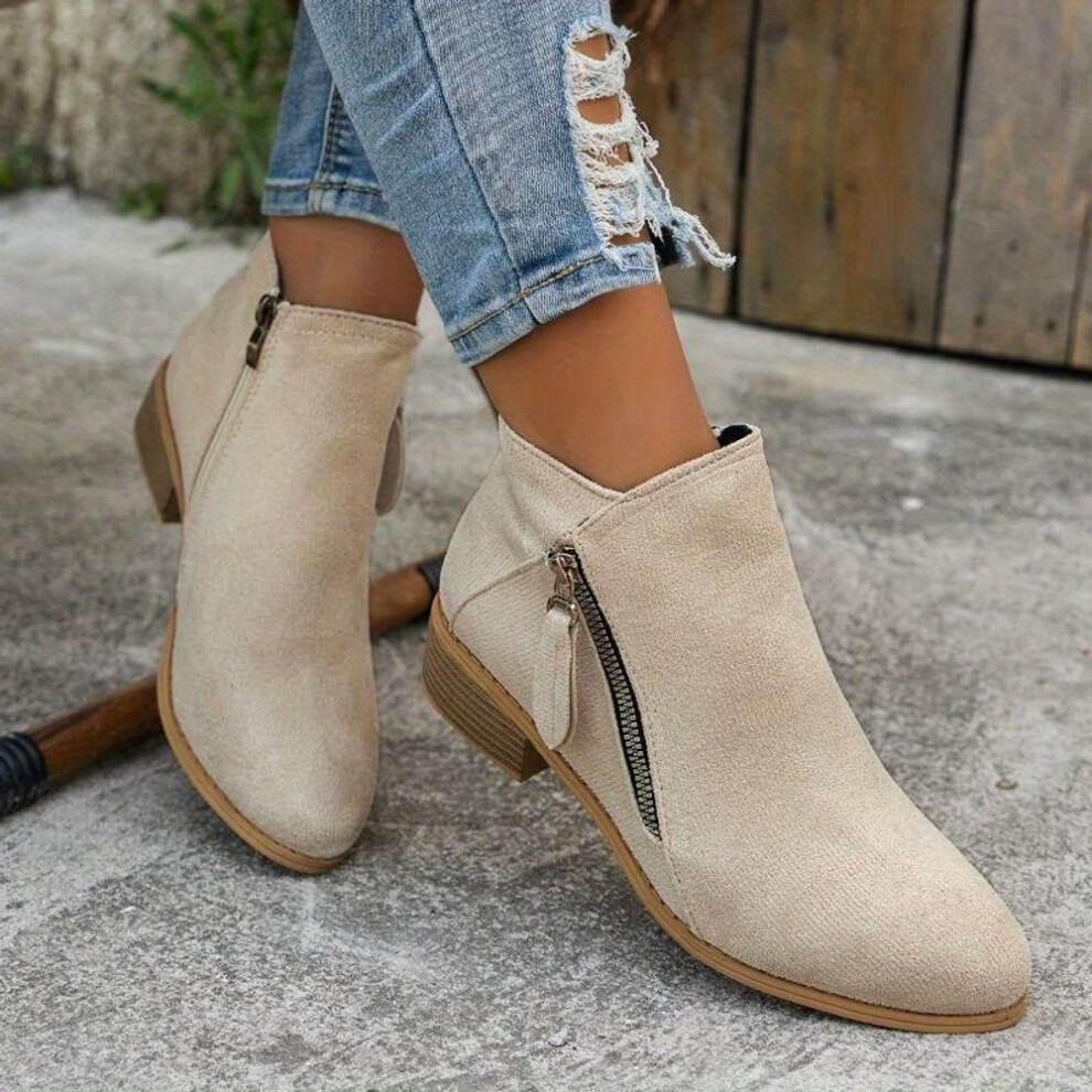 (beige, 38) Women&apos;s Vintage Style Fabric Ankle Boots with Mid-Heel Block and Plain Toe Zipper Closure, Fabric Insole & Inner, All-Season Casual Booties