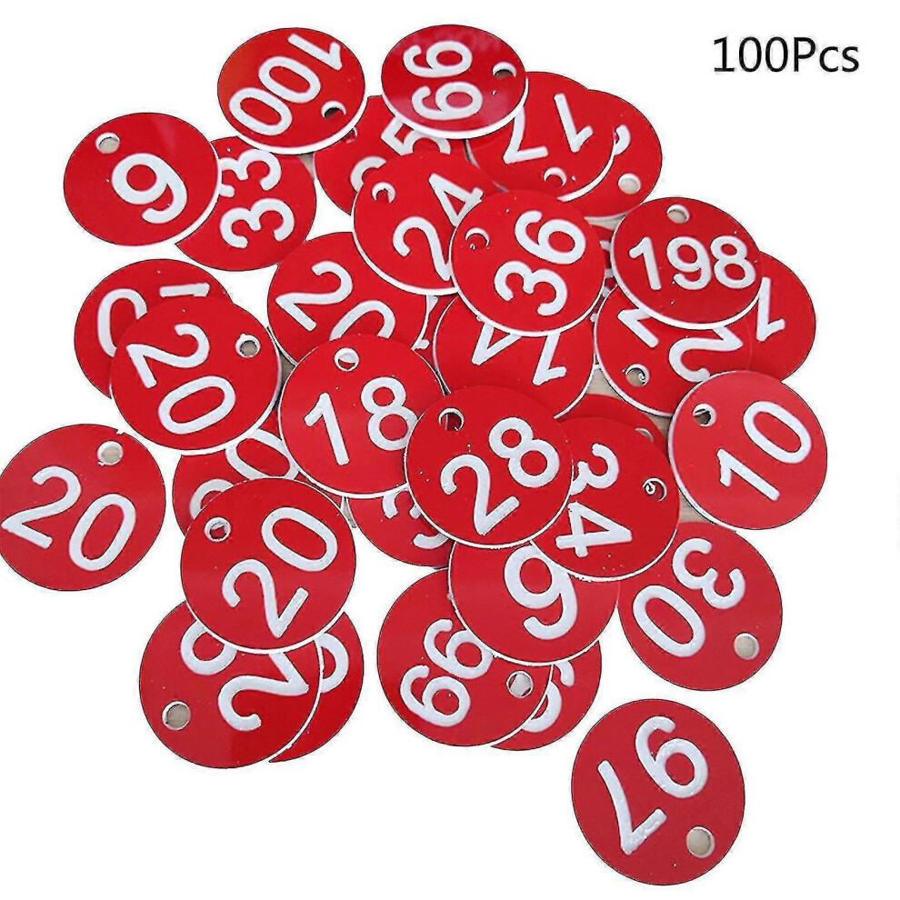 (Red, One Size) 100Pcs Plastic Id Number Tags 1-100 Engraved Number Id Tag Colored For Key Ring 5062994756733