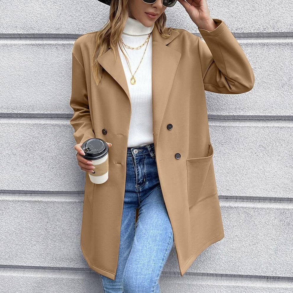 (khaki, L) Women&apos;s Jacket Autumn Medium-length Cardigan Double-breasted Knitted Blazer