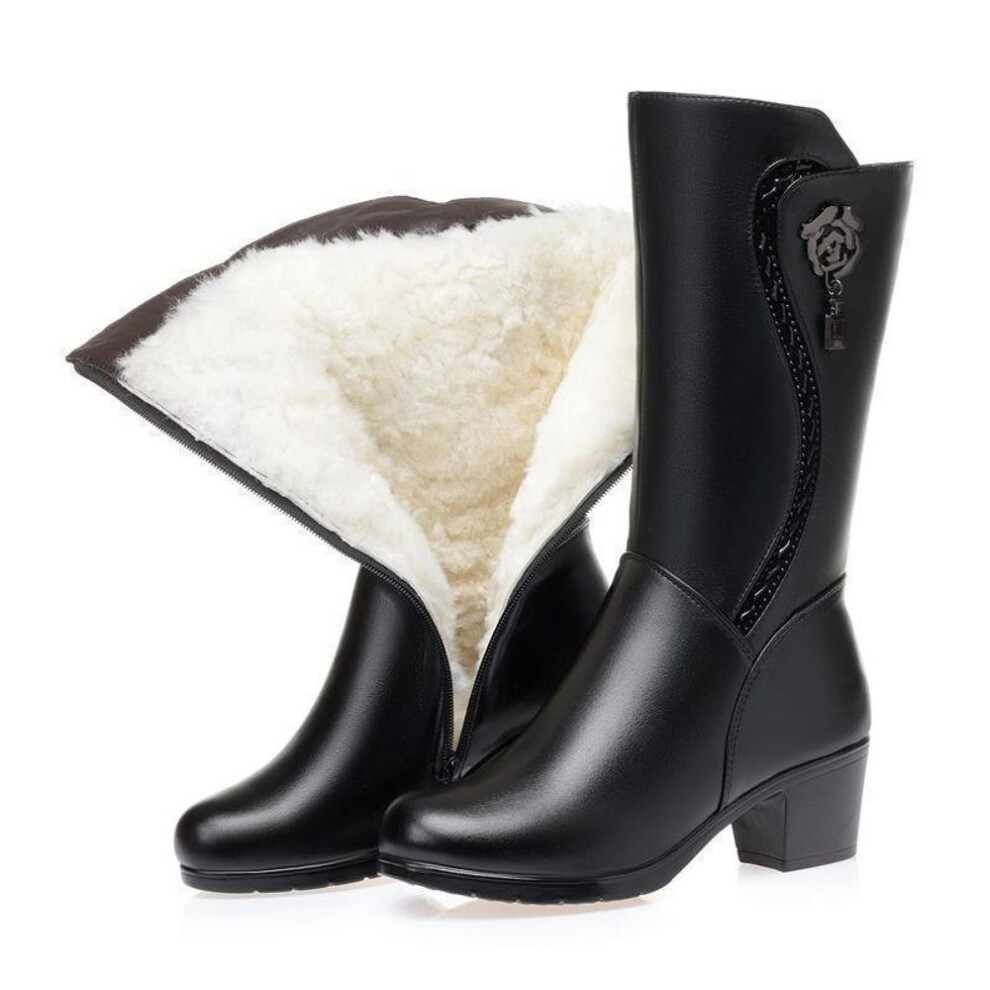 (black, 39) Mid Length Boots For Women&apos;s New Mother&apos;s Shoes, Cotton Shoes, Thick Heels, Middle-aged Women&apos;s Leather Boots, Women&apos;s Shoes
