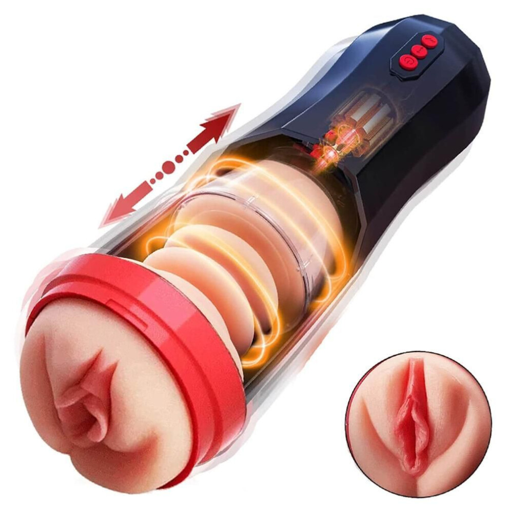 (black) 3 In 1 Thrusting Male Masturbators Cup With Realistic Pocket Pussy Sleeve, 5 Telescopic & 10 Vibrations Mode & 360 Full  Blowjob Stroker Mas