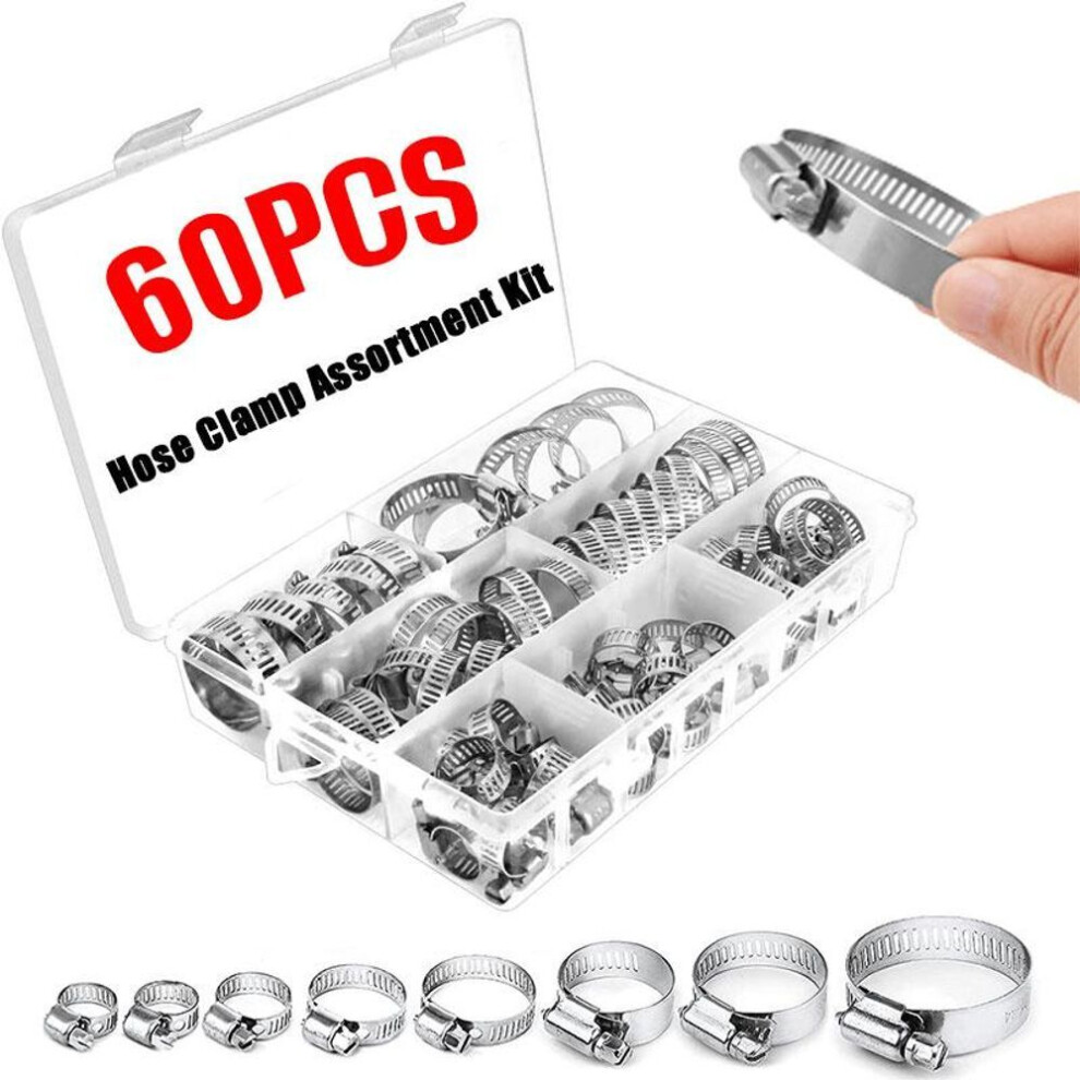 (60Pcs) 60pcs Hose Clamp Assortment Kit-stainless Steel Hose Clamp Adjustable 1/4&apos;&apos;- 1-1/2&apos;&apos; (6-38mm) Worm Gear Metal Fuel Line Clamp For