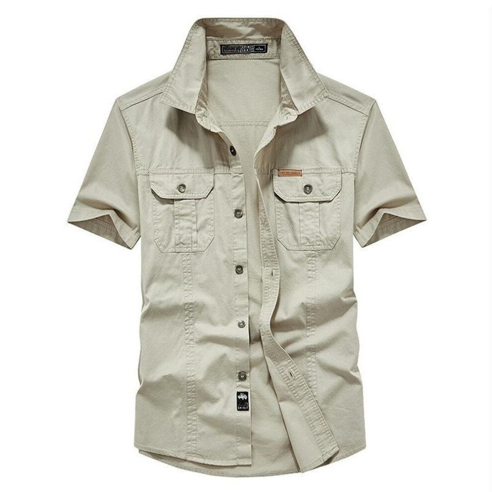 (beige, 4XL) 100% Cotton Men&apos;s Shirt Solid Color Multi-pocket High Quality Cargo Shirts Fashion Outdoor Casual Short Sleeved Shirts For Men New Plus Size M-8x