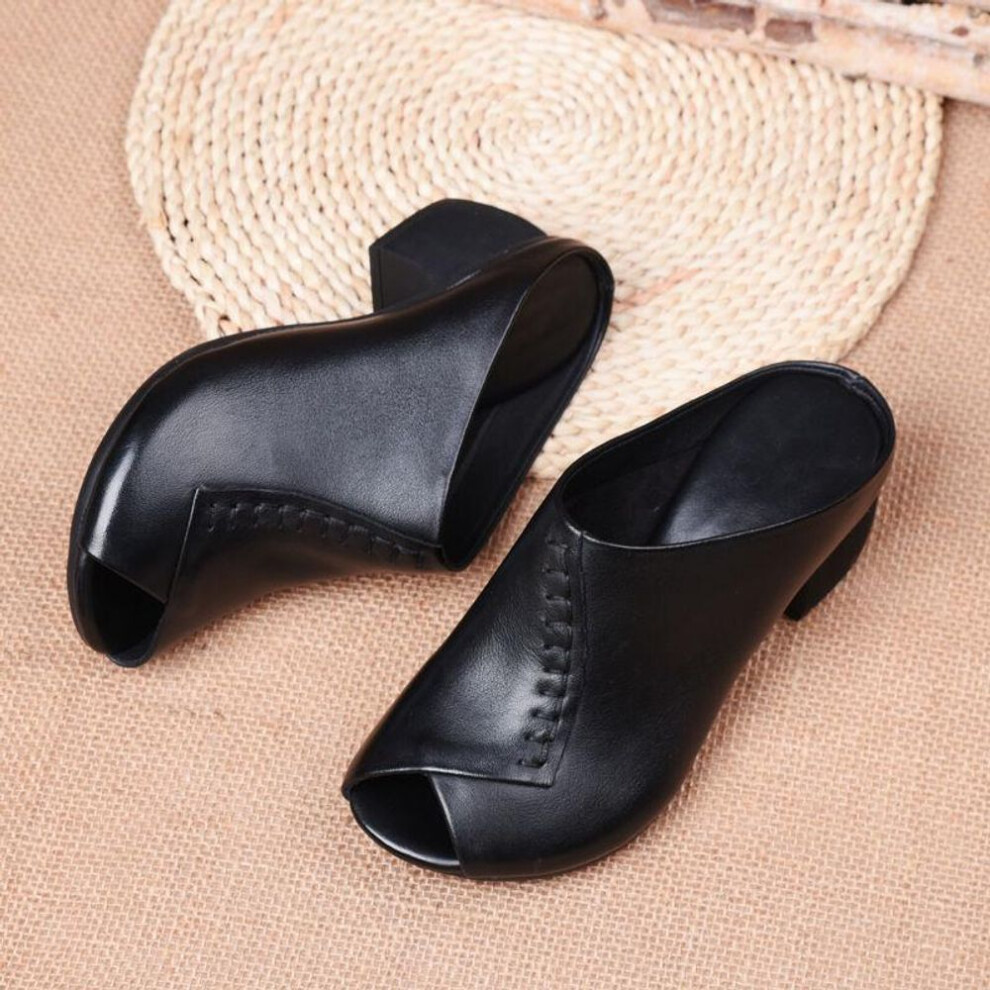 (black, 39) 35-43 Thick-heeled Soft Leather Outer Slippers Fish Mouth Comfortable Versatile Mid-heeled Women Sandals Women&apos;s Mother&apos;s Shoes Women