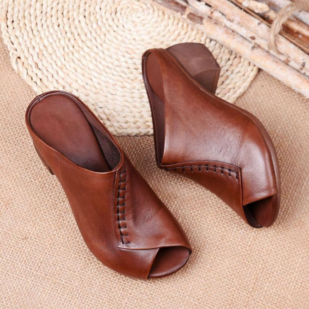 (brown, 40) 35-43 Thick-heeled Soft Leather Outer Slippers Fish Mouth Comfortable Versatile Mid-heeled Women Sandals Women&apos;s Mother&apos;s Shoes Women